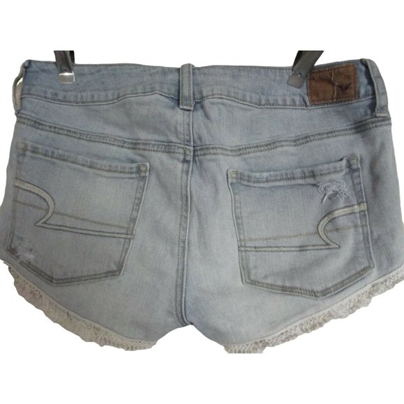 American Eagle 6 Blue Cut Off Denim Jean Distressed Shortie Shorts crochet trim - Picture 1 of 6